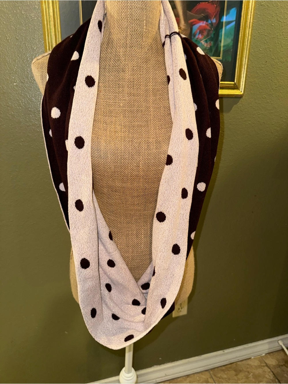 New York & Company Reversible Polka Dot Infinity Scarf - Brown and Pink